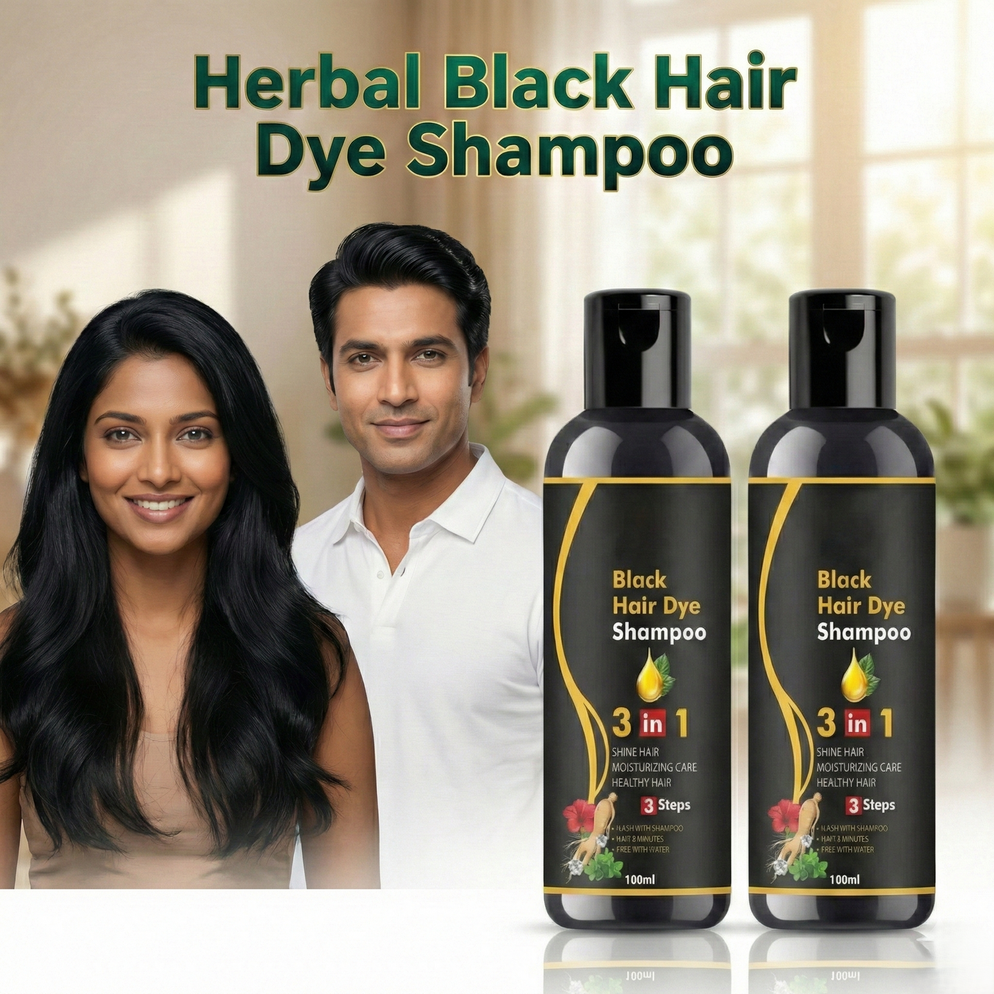 Premium 3-in-1 Herbal Black Hair Dye Shampoo – Instant Salon-Like Results