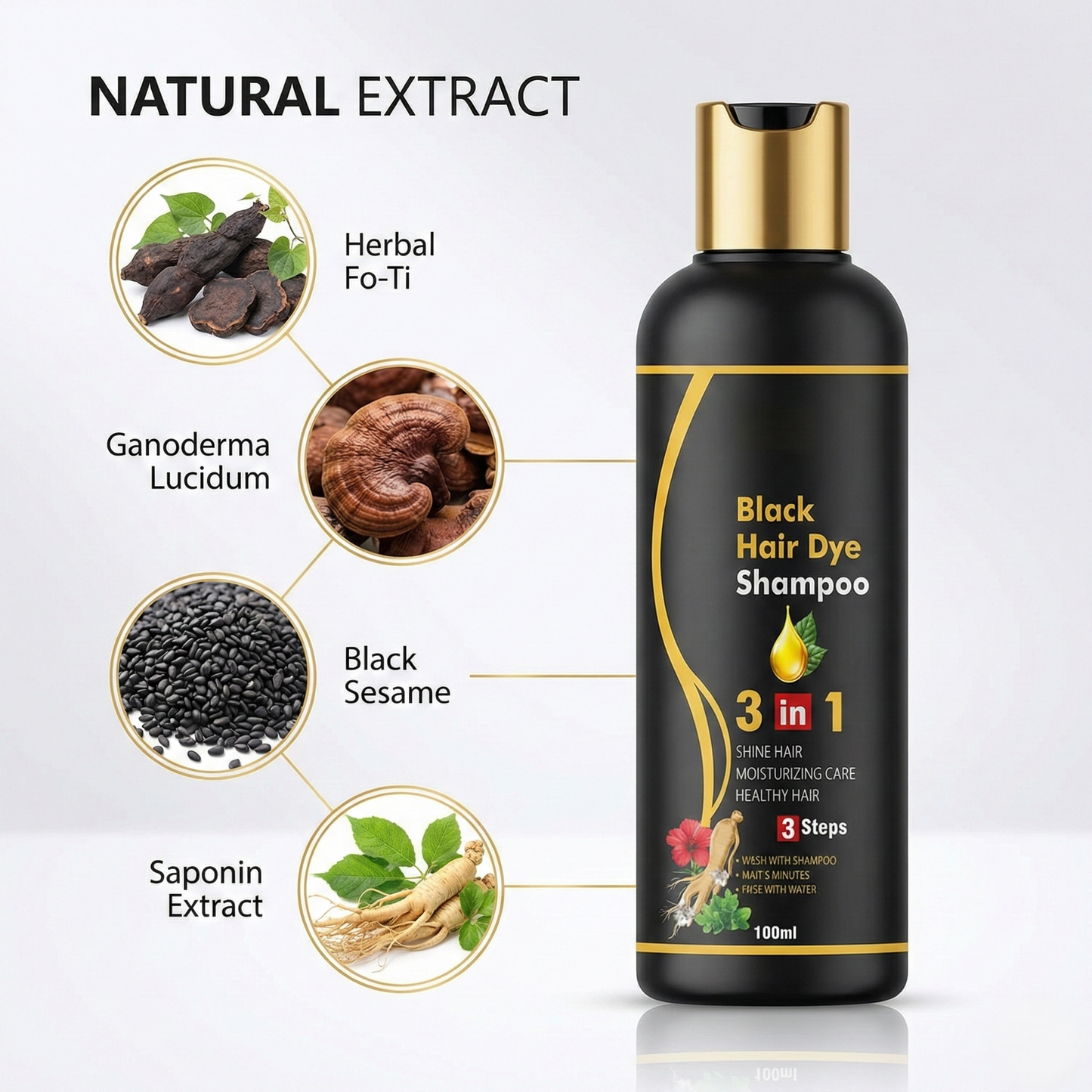 Premium 3-in-1 Herbal Black Hair Dye Shampoo – Instant Salon-Like Results